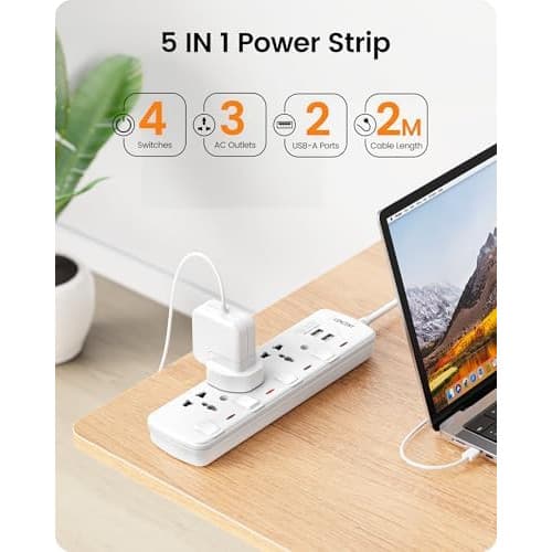 LENCENT Extension Lead with USB Slots, 3 Way Sockets Outlet Power Strips with 2 USB Ports, Universal Plug Adapter with 2M Extension Cord, Charging Station for Home, Office, Individually Switched