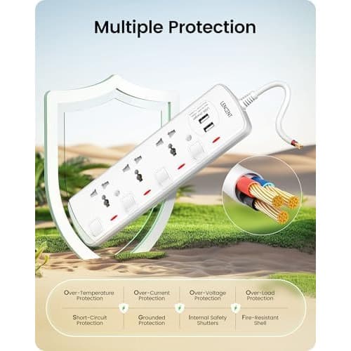 LENCENT Extension Lead with USB Slots, 3 Way Sockets Outlet Power Strips with 2 USB Ports, Universal Plug Adapter with 2M Extension Cord, Charging Station for Home, Office, Individually Switched