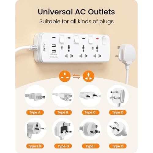 LENCENT Extension Lead with USB Slots, 3 Way Sockets Outlet Power Strips with 2 USB Ports, Universal Plug Adapter with 2M Extension Cord, Charging Station for Home, Office, Individually Switched