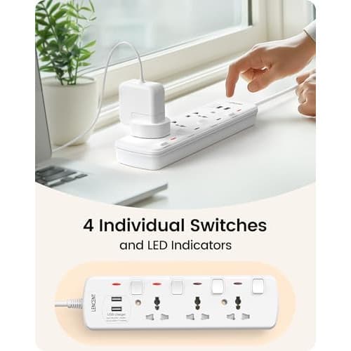 LENCENT Extension Lead with USB Slots, 3 Way Sockets Outlet Power Strips with 2 USB Ports, Universal Plug Adapter with 2M Extension Cord, Charging Station for Home, Office, Individually Switched