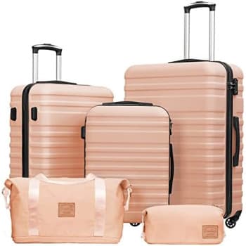 COOLIFE Suitcase Trolley Carry On Hand Cabin Luggage Hard Shell Travel Bag Lightweight,The Suitcase Included 1pcs Travel Bag and 1pcs Toiletry Bag (Sakura Pink, 5 Piece Set)