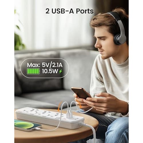 LENCENT Extension Lead with USB Slots, 3 Way Sockets Outlet Power Strips with 2 USB Ports, Universal Plug Adapter with 2M Extension Cord, Charging Station for Home, Office, Individually Switched