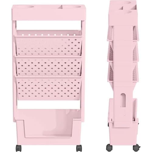 MedMad 5-Tier Mobile Bookshelf,Rolling Bookcase Book Storage Rack, Movable File Folder Organizer Cart with Wheels for Home Study Office Living Room Classroom (Pink)