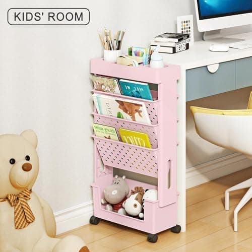 MedMad 5-Tier Mobile Bookshelf,Rolling Bookcase Book Storage Rack, Movable File Folder Organizer Cart with Wheels for Home Study Office Living Room Classroom (Pink)
