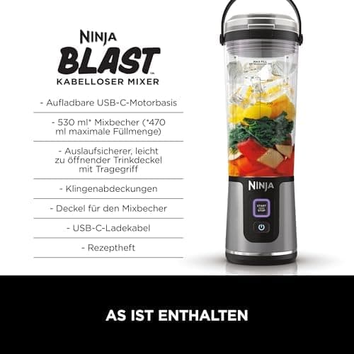 Ninja Blast BC151EUBK Wireless Blender, Portable, USB-C Rechargeable, 18 Ounces with Leak-proof Sip Lid, Powerful, Lightweight, Black