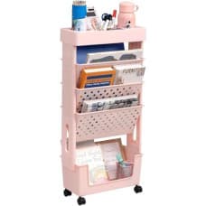 MedMad 5-Tier Mobile Bookshelf,Rolling Bookcase Book Storage Rack, Movable File Folder Organizer Cart with Wheels for Home Study Office Living Room Classroom (Pink)