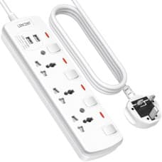 LENCENT Extension Lead with USB Slots, 3 Way Sockets Outlet Power Strips with 2 USB Ports, Universal Plug Adapter with 2M Extension Cord, Charging Station for Home, Office, Individually Switched