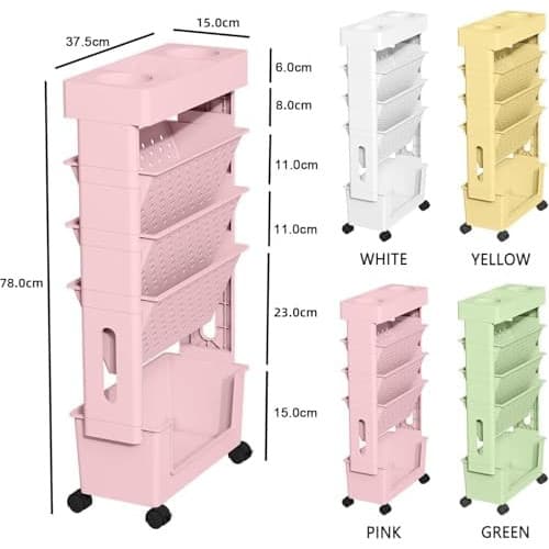 MedMad 5-Tier Mobile Bookshelf,Rolling Bookcase Book Storage Rack, Movable File Folder Organizer Cart with Wheels for Home Study Office Living Room Classroom (Pink)