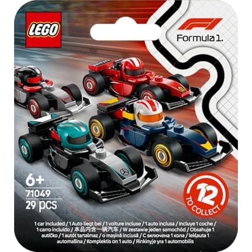 LEGO Minifigures F1 Collectible Race Cars Toys - Get 1 of 12 Mini Car Models with Drivers Helmets & Moving Wheels - Formula 1 Teams incl. Ferrari, Mercedes, McLaren, Red Bull - Mystery Box - 71049