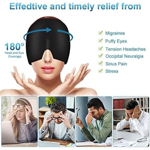ACWOO Migraine Relief Cap, Reusable Cold Hot Therapy Migraine and Headache Relief Cap, Single-Sided Gel Ice Hot Head Wrap for Chronic Migraine, Tension Headache, Sinus Stress, Puffy Eyes (Black)