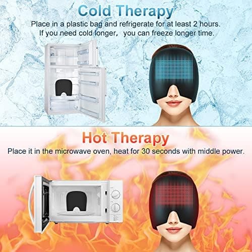 ACWOO Migraine Relief Cap, Reusable Cold Hot Therapy Migraine and Headache Relief Cap, Single-Sided Gel Ice Hot Head Wrap for Chronic Migraine, Tension Headache, Sinus Stress, Puffy Eyes (Black)