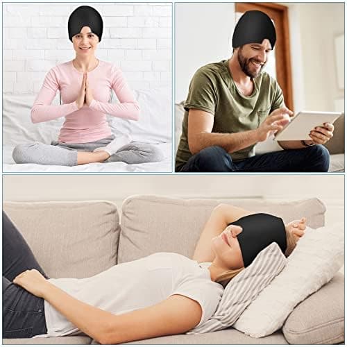 ACWOO Migraine Relief Cap, Reusable Cold Hot Therapy Migraine and Headache Relief Cap, Single-Sided Gel Ice Hot Head Wrap for Chronic Migraine, Tension Headache, Sinus Stress, Puffy Eyes (Black)