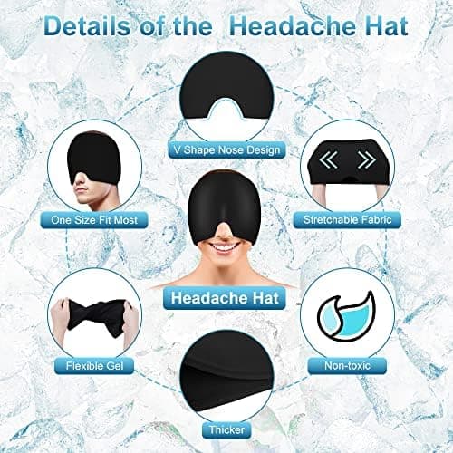 ACWOO Migraine Relief Cap, Reusable Cold Hot Therapy Migraine and Headache Relief Cap, Single-Sided Gel Ice Hot Head Wrap for Chronic Migraine, Tension Headache, Sinus Stress, Puffy Eyes (Black)